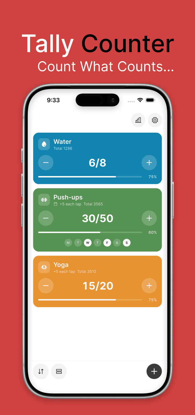 Multiple tally counters for water, push-ups and yoga, each with a goal and progress bar